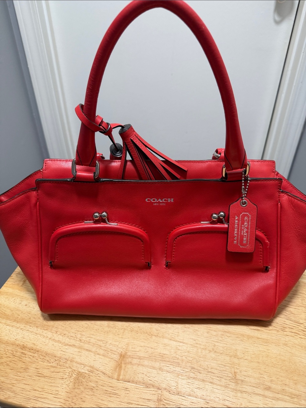 Coach Red Leather Shoulder Tote with Tassel Charm - Picture 7 of 8
